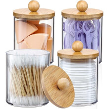 4er-Pack Wattestäbchenhalter mit Bambusdeckeln, 10-oz-Apothekerdosen aus transparentem Kunststoff für Kosmetik-Organizer, Badezimmer-Accessoires-Set