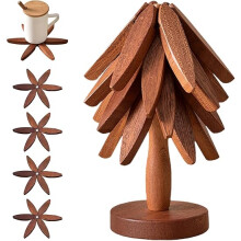 Wooden Trivets for Hot Dishes, Tree Shape Trivet Set (5 Walnut Wood + 1 Stand), Foldable Hot Pot Holder for Dishes, Pots, Bowls, Teapots