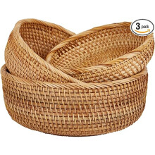 Natural Rattan Round Fruit Basket Bowls, Hand Woven Decorative Serving Baskets, Wicker Storage for Dining Room (Round Combo)