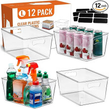 6 PACK Large Clear Storage Bins with Handles & Labels, Multi-Use Plastic Organizer Bins for Kitchen,Cabinet, Closet, Bathroom, Shelf, Laundry, RV