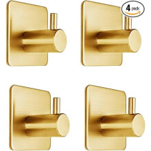 4 Pack Gold Adhesive Hooks 15LB Max, Non-Tarnish Sticky Hooks for Bathroom Shower Closet Towel Coat Hanger