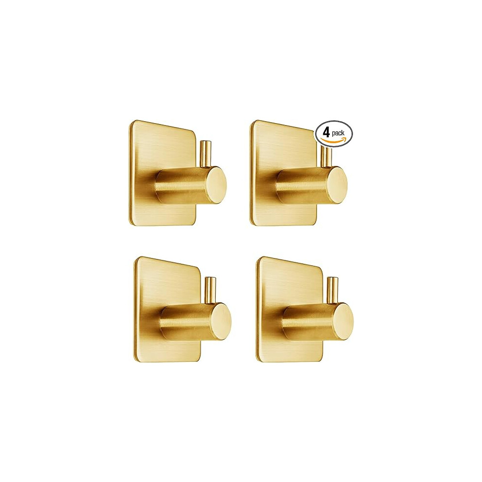 4 Pack Gold Adhesive Hooks 15Lb Max, Non-Tarnish Sticky Hooks For Bathroom Shower Closet Towel Coat Hanger 8583307373197
