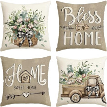 4er-Set AVOIN colorlife Farmhouse Eucalyptus Kissenbezüge (45,7 x 45,7 cm) – Bless Our Home/Home Sweet Home LKW-Kissenbezüge zur Dekoration