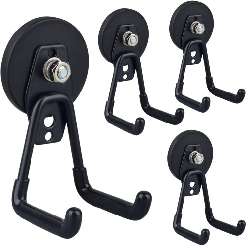 4 Pack Heavy Duty Magnetic Garage Hooks, Strong Magnet Storage Hooks for Power Drill Garden Tools Workshop Indoor Outdoor (Black)