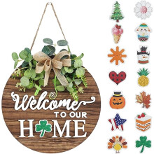 Interchangeable Seasonal Welcome Sign Front Door Decoration, Rustic Round Wood Wreath Wall Hanging for Farmhouse Porch, Outdoor Indoor Decor