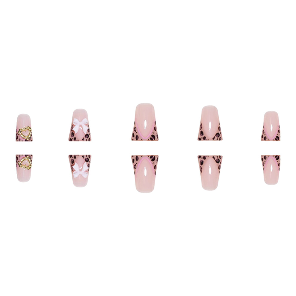 Dcph-Clothing 24Pcs Leopard Fake Nails With Bow, Long Lasting