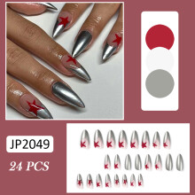 (Standard) Metallic Silver French Fake Nails with Red Stars