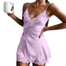 Eleganckie koszule nocne dla kobiet Seksowna bielizna typu babydoll Sukienka z jedwabnej satyny z głębokim dekoltem w serek Ramiączka spaghetti