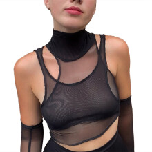 Top cropped feminino moderno em tecido de malha transparente, sexy, para balada, respirável, elástico, modelagem justa, manga longa, estilo