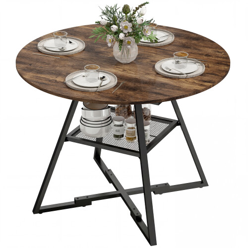 Homcom HOMCOM Round Dining Table for 4, 100 cm Kitchen Table w/ Shelf, Rustic Brown 1