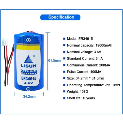 2 Pack ER34615 D Size Lithium Battery 3.6V 19000mah for Multipurpose PLC Programmer ETC Battery with White Plug 1