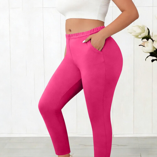 Γυναικείο παντελόνι Plus Size, ανοιχτό ροζ - με λάστιχο στη μέση, μέχρι τον αστράγαλο, 2
