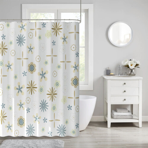 White waterproof plastic shower curtain with fish and blue 1