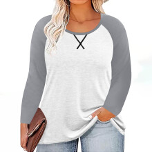 Women's Plus Size Tops Casual Chest Print Solid Color Round Neck Pullover Loose Long Sleeved Raglan Top
