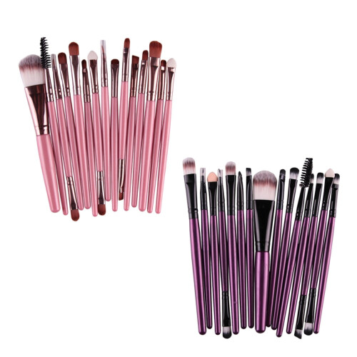 Makeup Brush Kit Purple Plastic 15Pcs Pearlescent Wooden Handle 2