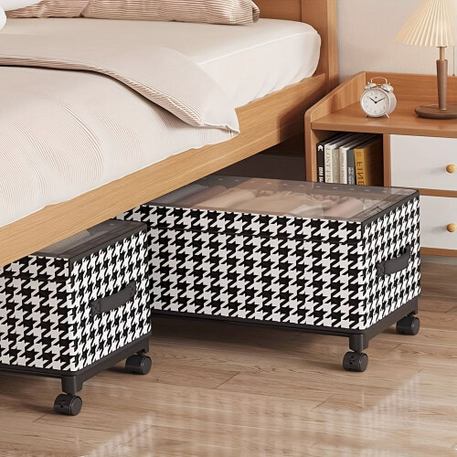 Multi-Functional Houndstooth Under-Bed Storage Box with Wheels | Non-Woven Clothes & Linens Organizer, Rectangular 2