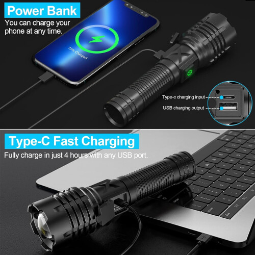 Επαναφορτιζόμενος φακός 100K Lumens - XHP70.2LED, 5 λειτουργίες, δυνατότητα ζουμ, IPX6, Type-C 1