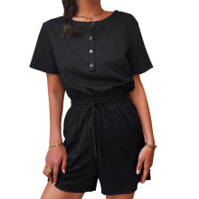 Salopetă casual pentru femei, vară, salopetă, mânecă scurtă, design cu nasturi în față, material ușor, moale, din bumbac, cu buzunare la