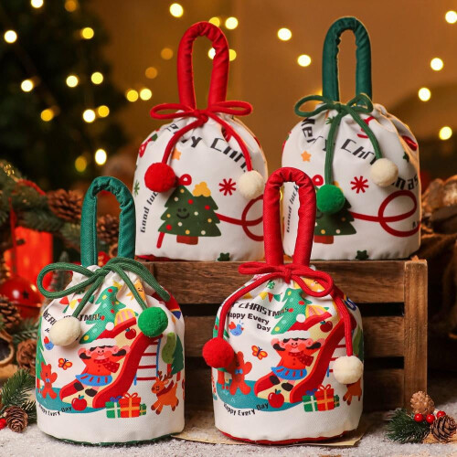Sacolas de presente com cordão e laço, com estampa natalina – para doces, biscoitos e brinquedos; compatíveis com caixas de embalagem da Apple. 1