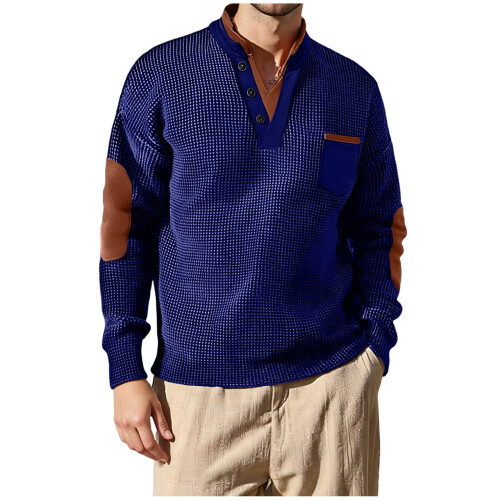 Ανδρικό πουλόβερ Henley με μακριά μανίκια SYMOID, μπλε XL, μείγμα πολυεστέρα-ρεγιόν, 1