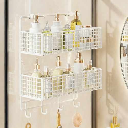 Over-the-Door Storage Rack White Metal 2 Baskets Hooks 1