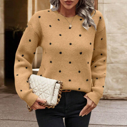 Damen-Pullover mit Polka-Dots, langärmelig, Rundhalsausschnitt, Strickoberteil 2