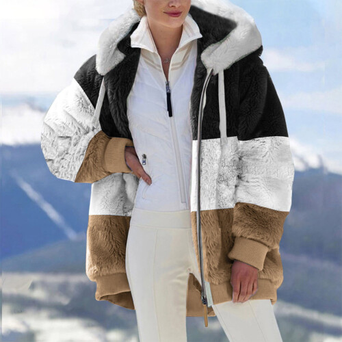 Damen-Plüschjacke mit Kapuze, hellbraun, Größe L 1