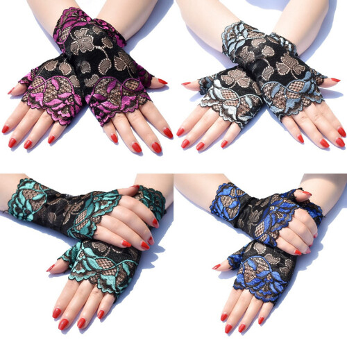 Women's lace fingerless gloves with rose pattern and 1