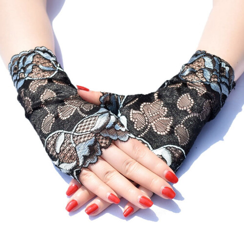 Women's lace fingerless gloves with rose pattern and 2