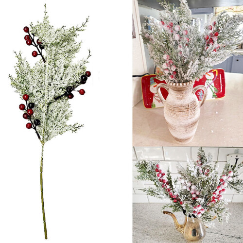 Branches de pin givrées avec baies rouges et oiseaux (50 cm) 1