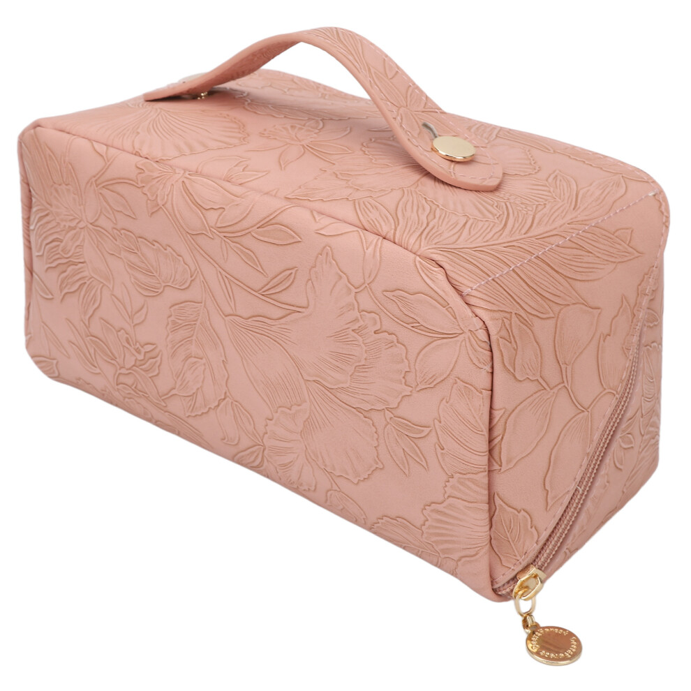 Pink Pu Leather Makeup Bag 180 Opening Large Capacity & Multi-Functional