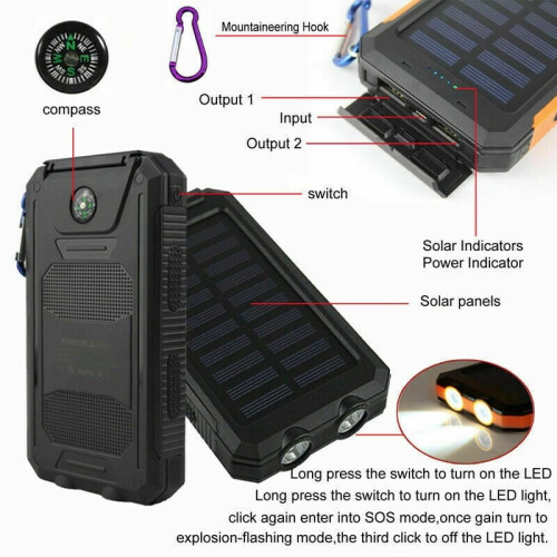 Ηλιακή μπαταρία 49800mAh, φορητός φορτιστής USB για υπαίθριες δραστηριότητες, 2