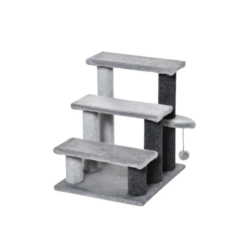 3-step Pet Stairs with Scratching Posts, Platforms, Toy Ball, Grey