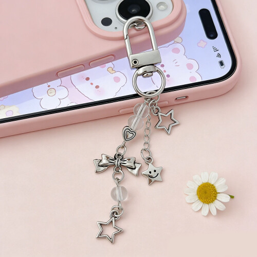 Pingente de celular com estrela e laço prateados de 12 cm (4,72 polegadas) – Elegante pingente removível para celular 2