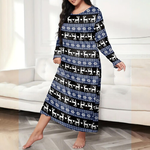 Γυναικείο Χριστουγεννιάτικο Νυχτικό, Plus Size, Στρογγυλή Λαιμόκοψη, Μακρυμάνικο, 1