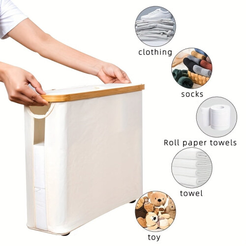 Bamboo Toilet Paper Holder with Lid Gray Fabric Foldable 1