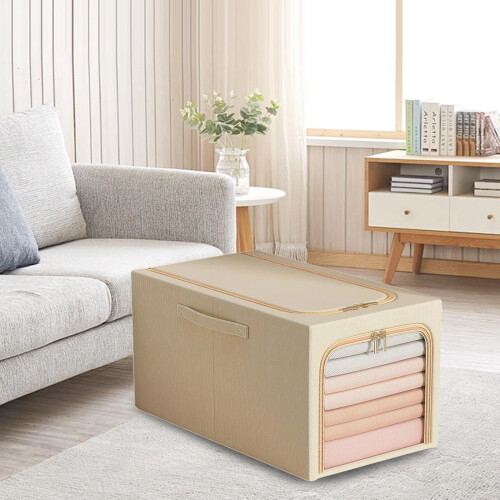 Extra Large Foldable Storage Bins, Stackable Linen Fabric Organizer Set with Handles & Clear Window (Beige, 18.5"x13.8"x11.8") 1