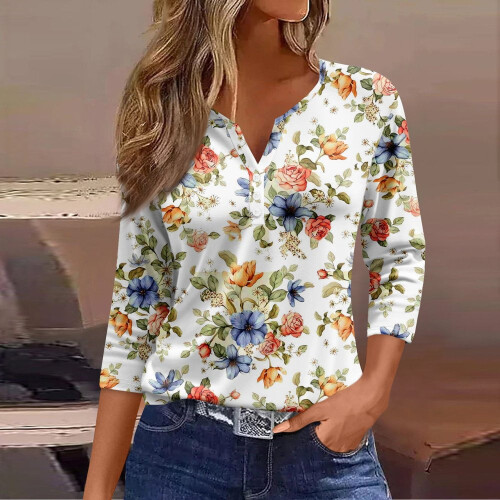 Damblustoppar Sommar Blommigt tryck Basic3/4-ärmad V-ringning Casualblusar Lös passform Pullovertoppar 1
