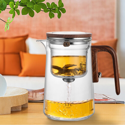 Bule de chá de vidro com cabo de madeira e infusor de 740 ml (25 oz) com controle de pressão. 2
