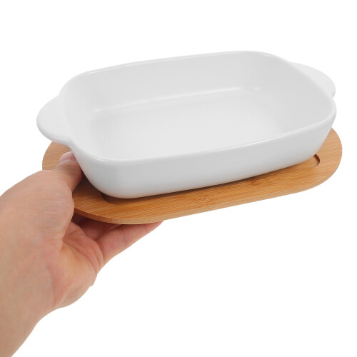 1Set Ceramic Dish Baking Tray Small Dish Rectangular Porcelain White Wood Base 9.2x5.5x1.7in 2