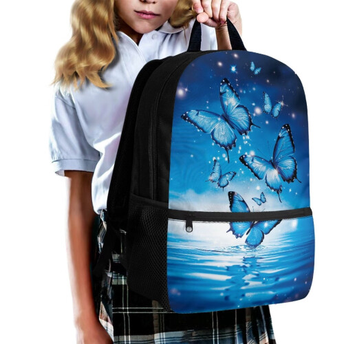 Mochila escolar infantil Blue Butterfly de 17 polegadas para meninas e meninos de 6 a 12 anos, grande capacidade, alças acolchoadas, compatível com 2