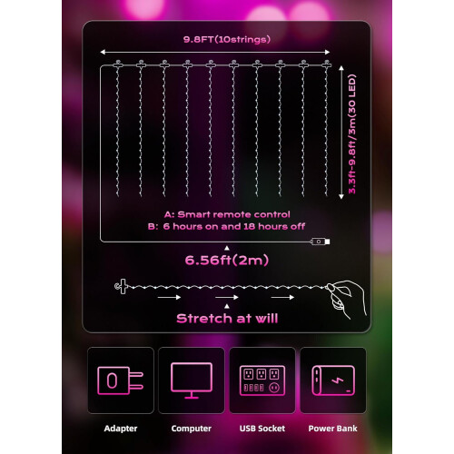 300 LED Φώτα Κουρτίνας Νεράιδας 9,8ft9,8ft, Τροφοδοτείται από USB, 8 Λειτουργίες + 1