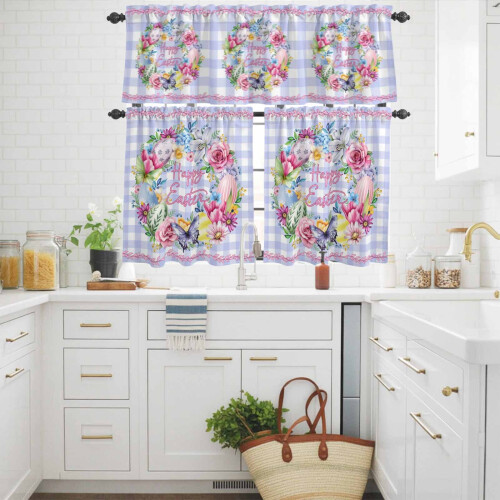 Easter Kitchen Curtains and Valances Set Pink Purple Plaid 2
