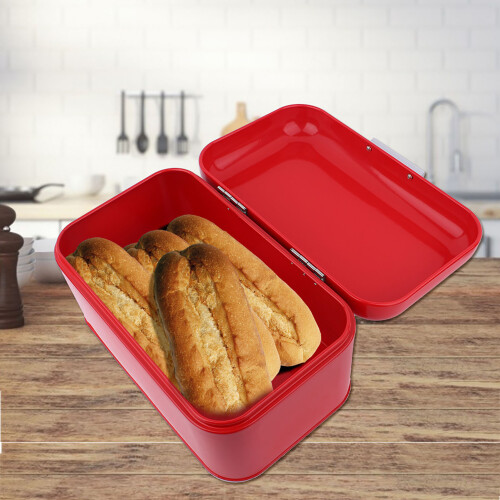 Solid Color Retro Iron Bread Bin Box Large Capacity Kitchen Storage Red 2