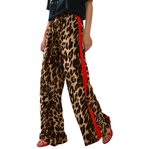 Women's Leopard Print Red Drawstring Wide Leg Pants Brown 1