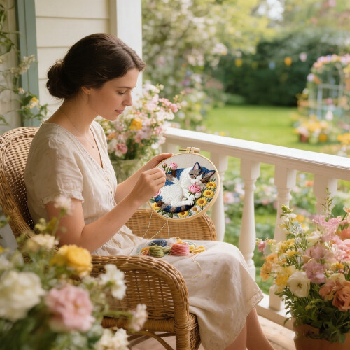 Floral Cat Embroidery Kit Beginner Set with Pattern Hoop 2