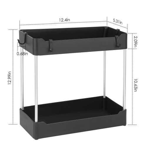 Bathroom Kitchen Storage, Under Sink Shelf Organizer with 4 Hooks, 2-Tier 2