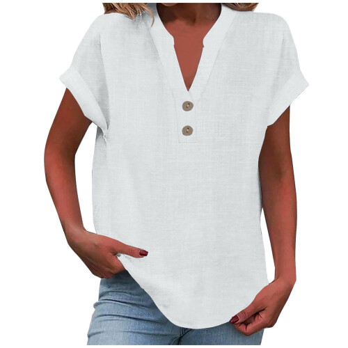 Women's Polyester V-Neck Button-Up Blouse White 2XL 1