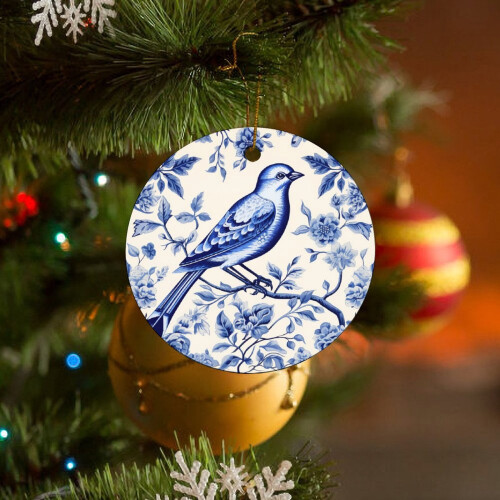 Ceramic Christmas Ornament Blue White Bird Flower Design 3 2