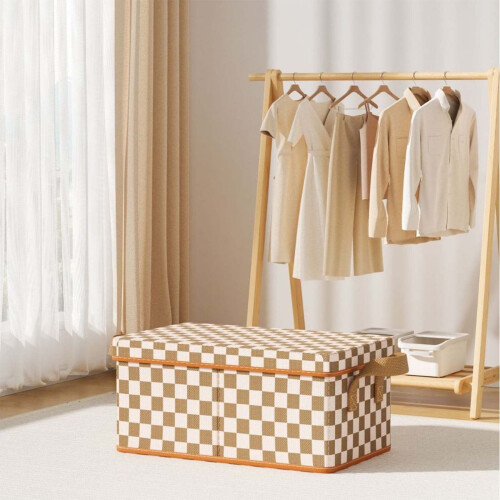 Fabric Storage Box with Lid, Brown/White Square Cloth Bin for Clothes, Foldable Wardrobe Organizer 1